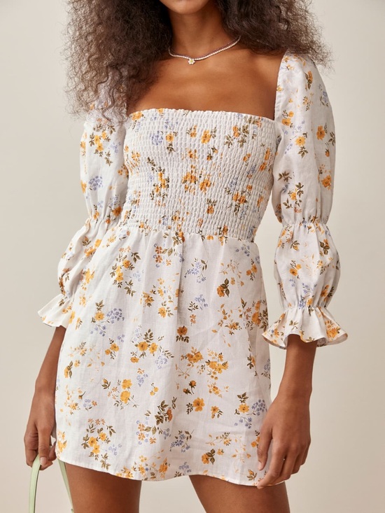 Reformation Dresses & Skirts - Reformation Zoya Linen Floral Mini Dress XS Cottagecore Puff Sleeve